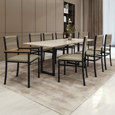 Conjunto Sala de Jantar Mesa 8 Cadeiras Tampo de MDF Itália Barcelona Bege Rami/Pérola/Preto