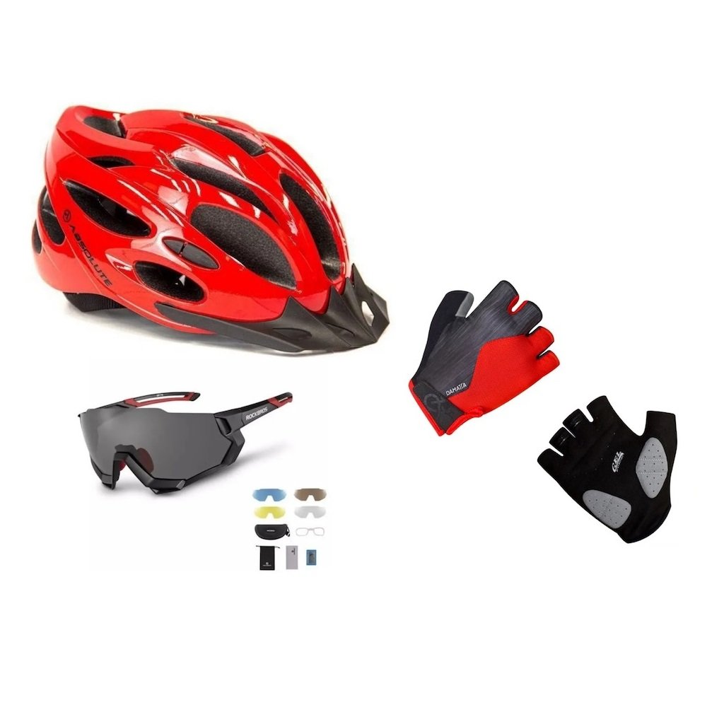 Kit Capacete Bike Absolute led + Óculos Rockbros + Luva Ciclismo - P - 1