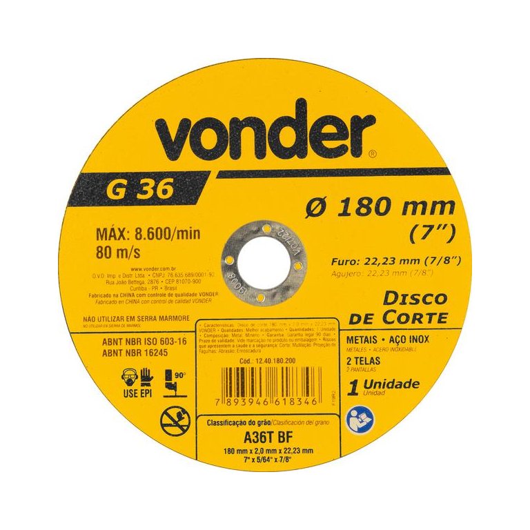Disco de Corte 180,0x2,0x22,23 - Vonder