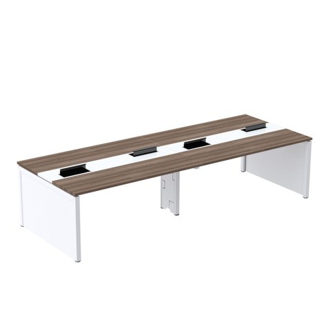 Estação de Trabalho Mesa Plataforma Escritório para 4 Pessoas Dupla com Caixa de Tomada Pé Painel Marrom/Walnut/Cinza