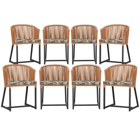 8 Cadeiras de Jantar Área Noronha em Alumínio com Pintura Preta Corda Náutica Estofado 6 Trama Origi