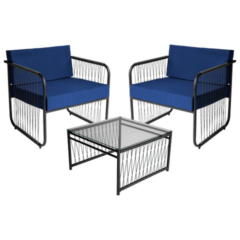 Conjunto 2 Poltronas e 1 Mesa de Centro Córdova em Aço Carbono e Fibra Sintética Acesse Móveis