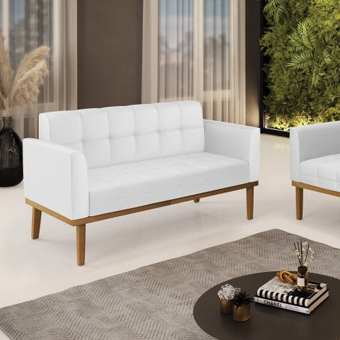 Sofá Namoradeira 2 Lugares Base de Madeira Castanho Elisa Corino Branco D03 - D'rossi