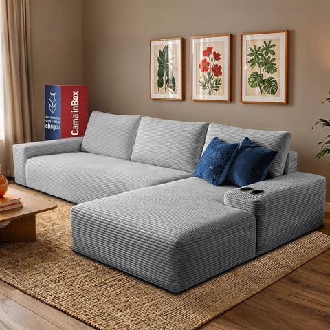Sofá Modular Evo de 3 Lugares com Chaise Dir Two 2,70m Boost Tech em Velourê Cinza Claro Cama
