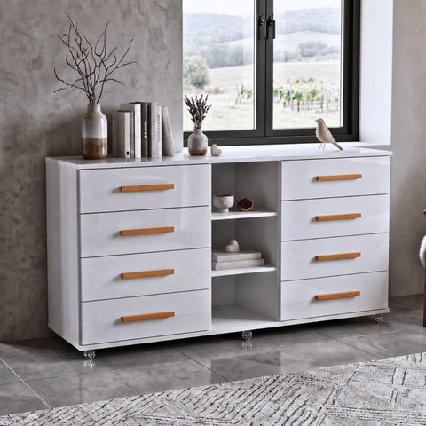Cômoda Multifuncional 8 Gavetas com Nicho e Rodízios em Gel Branco Carol
