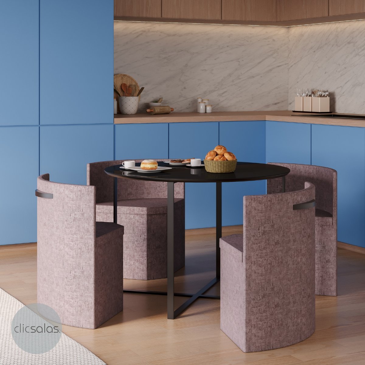 Conj. Compacto Sala de Jantar Pixel - Mesa Redonda C/ 4 Cadeiras Estofadas
