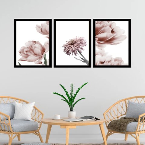 Kit 3 Quadros Fotografias Modernas Flores Rosê 33x24cm:moldura Preta