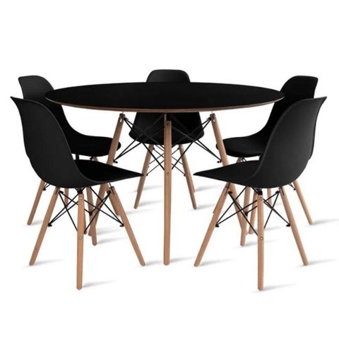 Conjunto de Mesa de Jantar Eames Eiffel Redonda 100cm Tampo de Madeira Preto com 5 Cadeiras Pretas