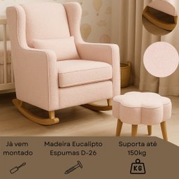 Poltrona de Balanço para Amamentação com Puff em Bouclé Rosa - 6