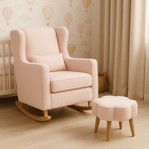 Poltrona de Balanço para Amamentação com Puff em Bouclé Rosa