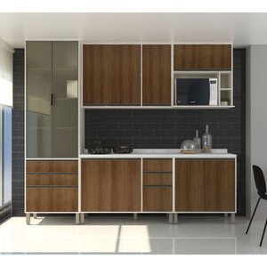 Cozinha Completa Modulada 6 Peças, Paneleiro Vidro Reflecta, Armários e Balcões Linea Luciane Móveis