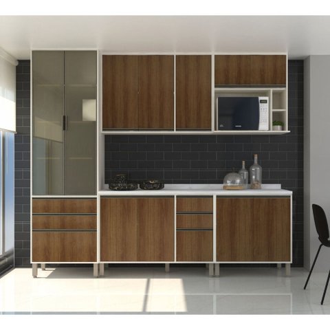 Cozinha Completa Modulada 6 Peças, Paneleiro Vidro Reflecta, Armários e Balcões Linea Luciane Móveis