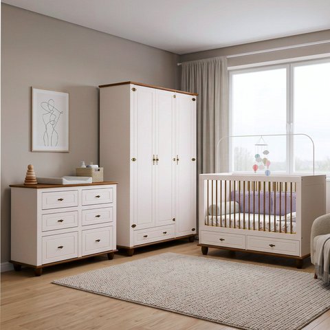 Quarto de Bebê Joy 3 Peças: Berço + Cômoda 6g + Roupeiro 3P Off White/Nogueira