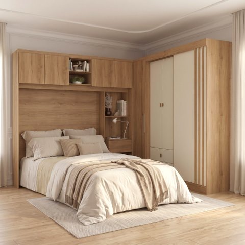 Guarda-Roupa Casal Modulado 3 Peças com Cabeceira 4 Portas 3 Gavetas Aspen Yescasa Capuccino/Off White