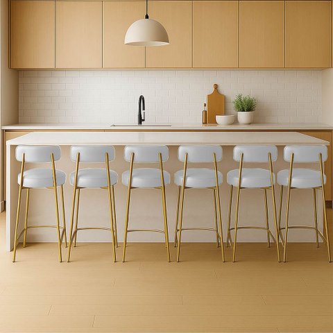 Banqueta Cozinha Alta com Encosto Industrial Dourado Kit 6 Londres Pu Branco D03 - D'Rossi