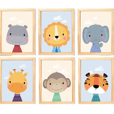 Quadro Infantil Safari 6 un A4 vidro e pendurador