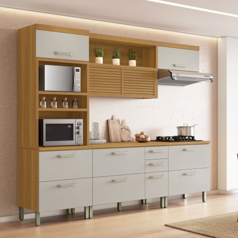 Cozinha Torre Quente 4 Peças Ripado Princesa 100% MDF Marrom/Freijó/Off White
