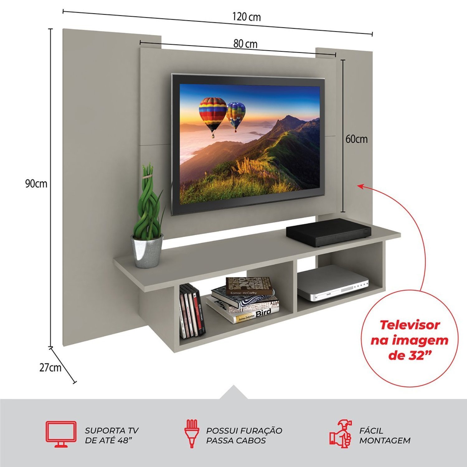 Home Theather 120cm Rack 2 Portas e Painel para Tv 48 Polegadas