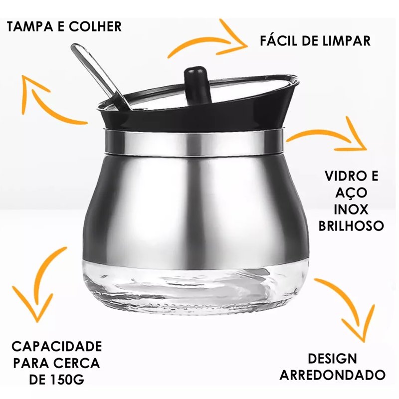 Açucareiro de Vidro com Tampa e Colher Revestido em Aço Inox - 4