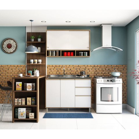 Cozinha Completa 4 Peças com Bancada Mesa Gourmet Armário Aéreo e Balcão de Pia Mel Luciane Móveis