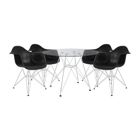 Mesa de Jantar Redonda Vidro 90cm com 4 Poltronas Pretas Ferro Branco Preto