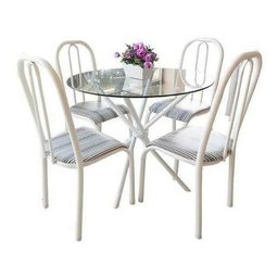 Conjunto Mesa Aço Redonda 4 Cadeiras Tampo Vidro Incolor 8m Quality - 1