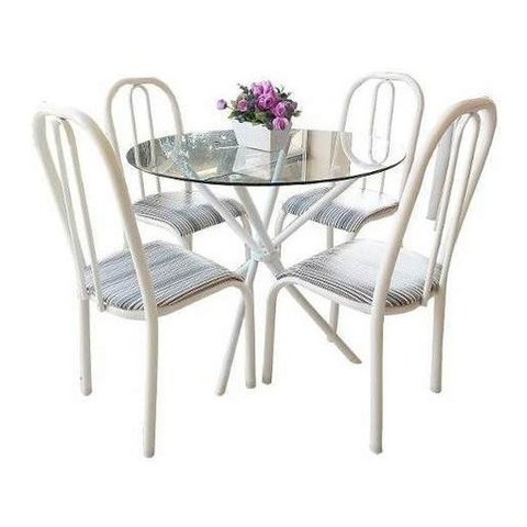 Conjunto Mesa Aço Redonda 4 Cadeiras Tampo Vidro Incolor 8m Quality
