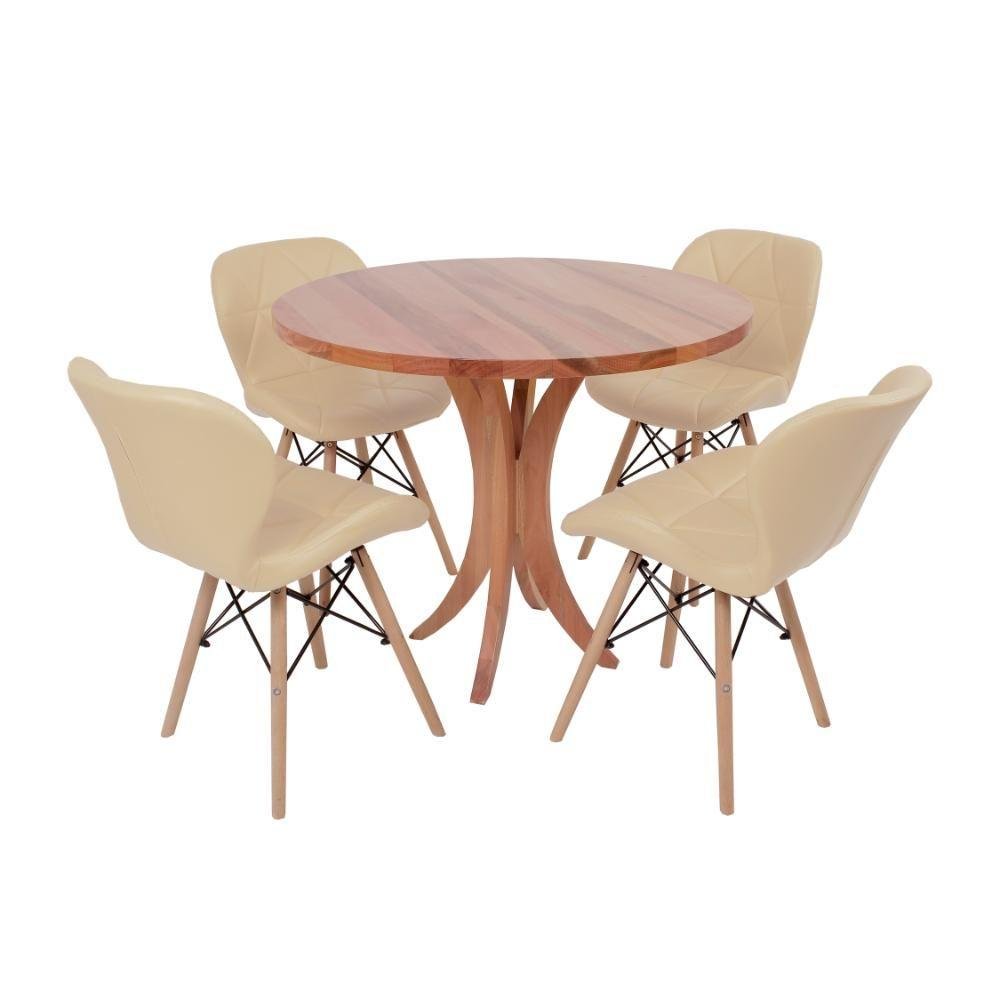 Conjunto Mesa Tampo de Madeira 90cm om 4 Cadeiras Nude - 1