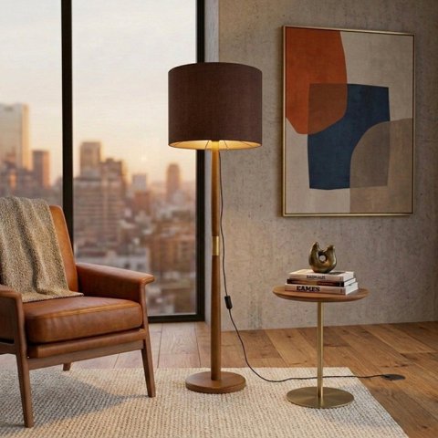 Luminária de Chão Imperial Base Madeira Detalhe Dourado 160cm Bivolt - Marrom