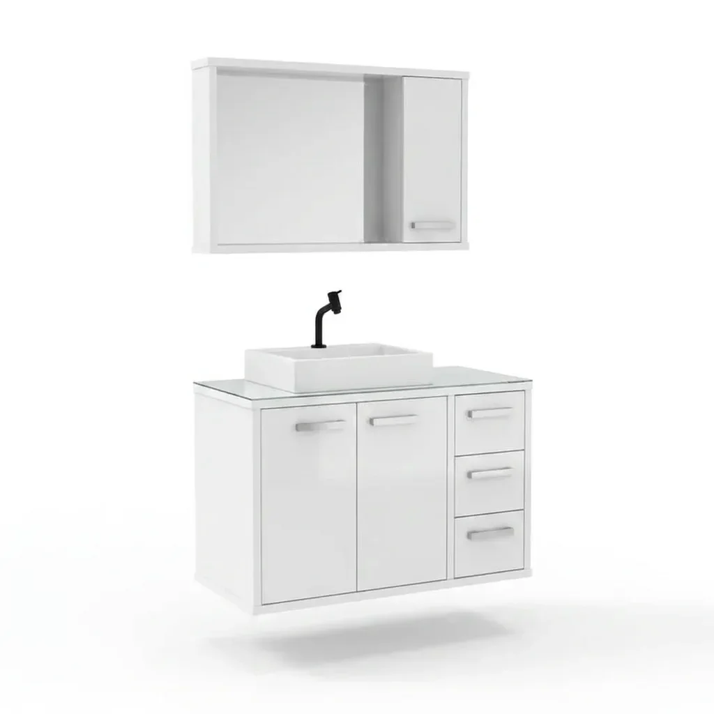 Ver imagem 2 de Gabinete para Banheiro com Tampo de Vidro Cuba de Sobrepor e Espelheira 80cm Turin