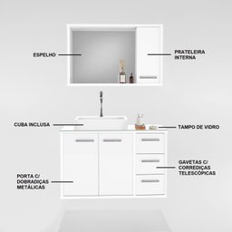 Gabinete para Banheiro Suspenso com Tampo de Vidro Cuba de Sobrepor e Espelheira 80cm Turin  - 5