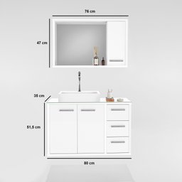 Gabinete para Banheiro Suspenso com Tampo de Vidro Cuba de Sobrepor e Espelheira 80cm Turin  - 4