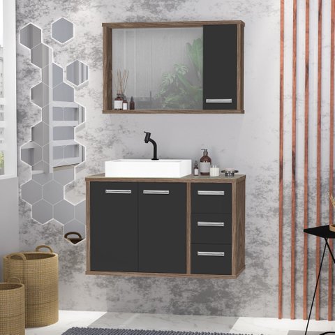 Gabinete para Banheiro com Tampo de Vidro Cuba de Sobrepor e Espelheira 80cm Turin