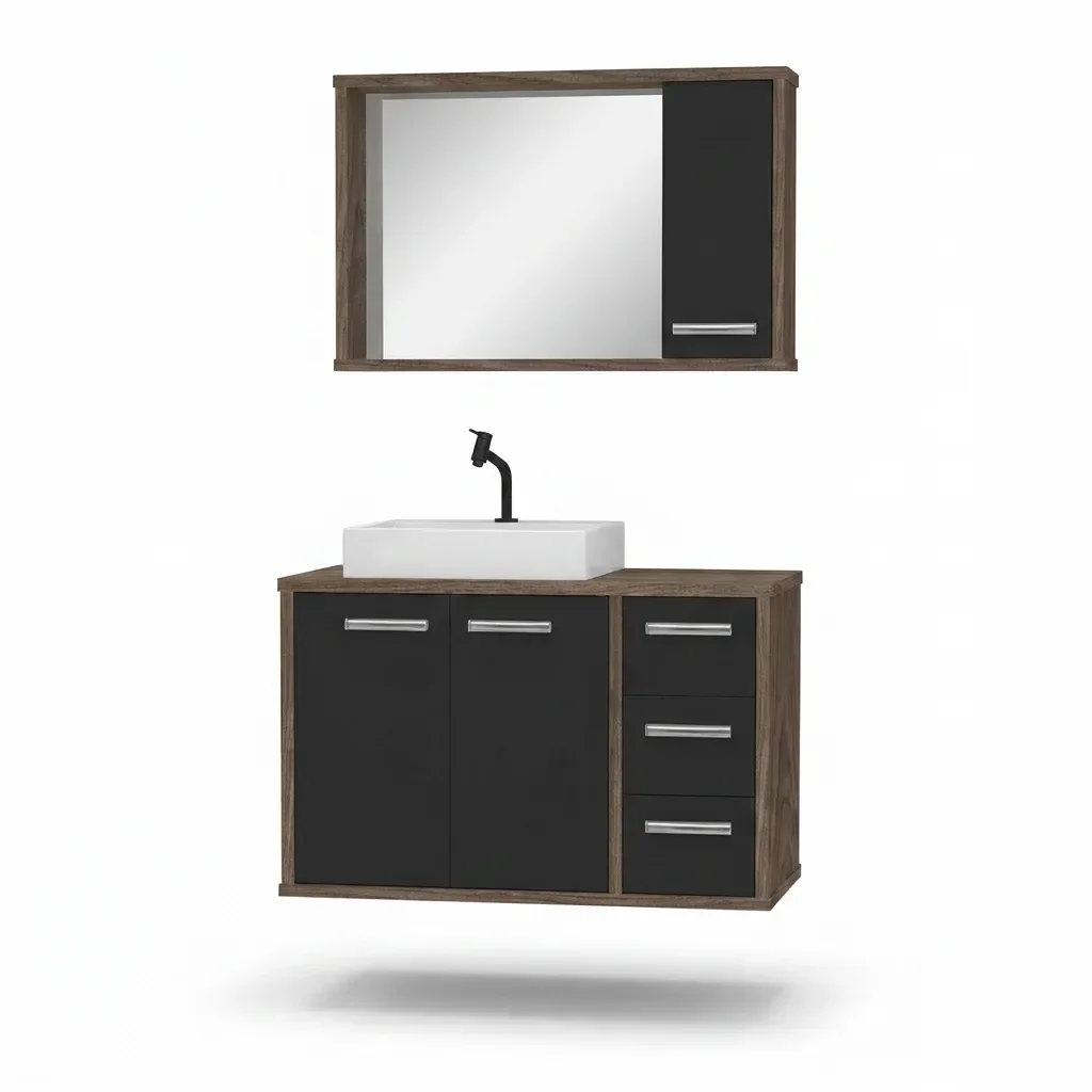 Ver imagem 2 de Gabinete para Banheiro com Tampo de Vidro Cuba de Sobrepor e Espelheira 80cm Turin