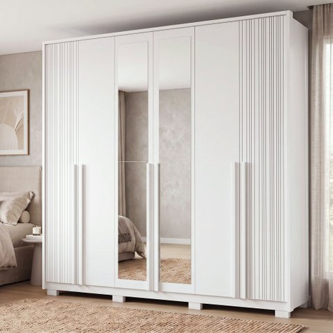 Guarda-Roupa Casal 6 Portas, 4 Gavetas, Pés e Espelho MDF Atlanta Branco