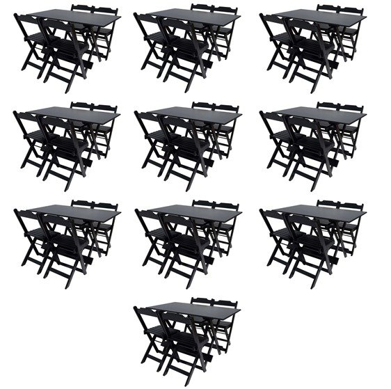 Kit com 10 Conjuntos de Jogo de Mesa 120x70 Com 4 Cadeiras Dobráveis - DG Móveis:preto