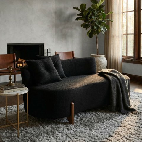 Sofá Orgânico c/2 Almofadas 1,40 cm Curvo Sala Recepção Luna Boucle Preto - Montanaris Decor