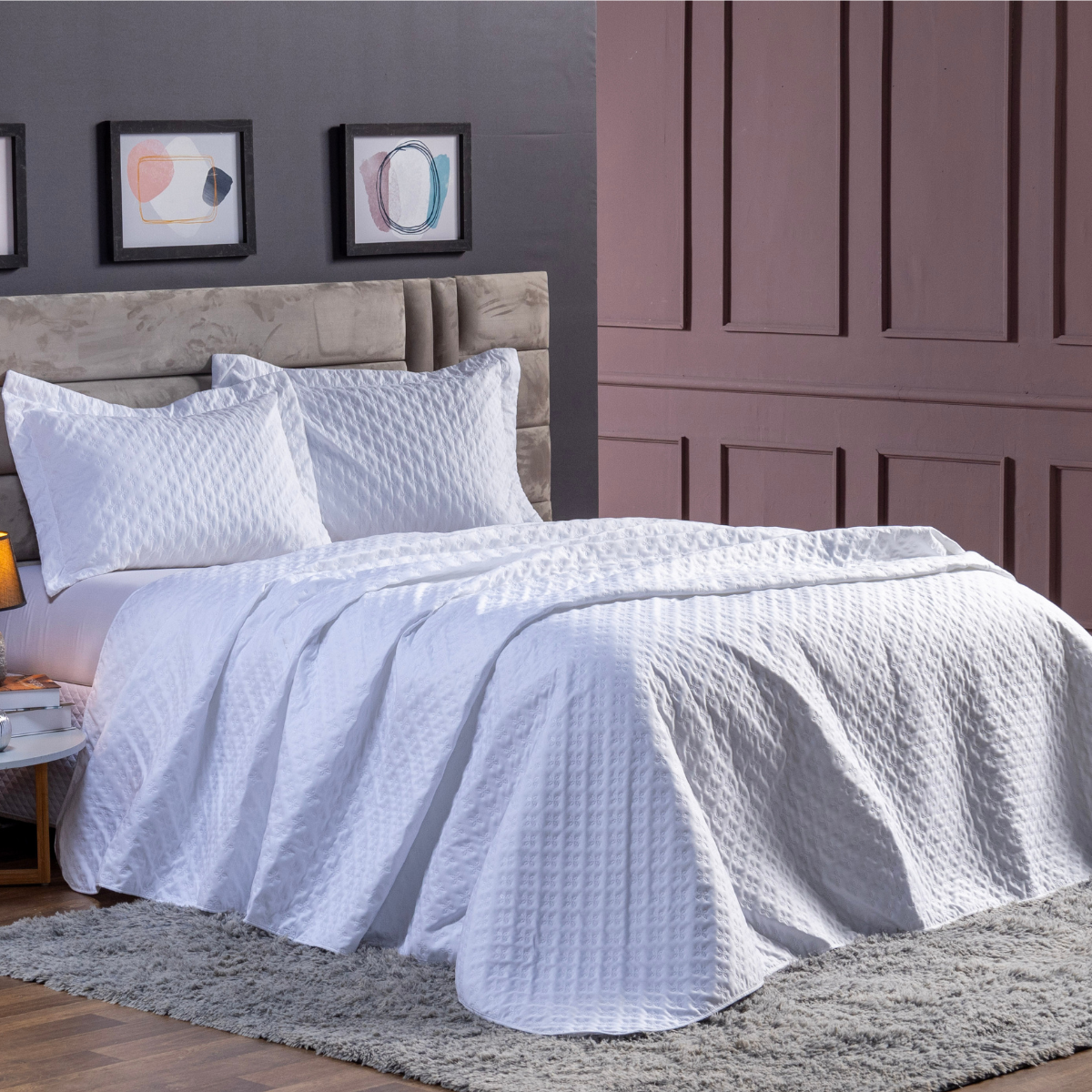 Cobre Leito Colcha Casal Queen Size 3 Peças Cama Percal 200 Fios Cama Padrão Matelado Branco - 2