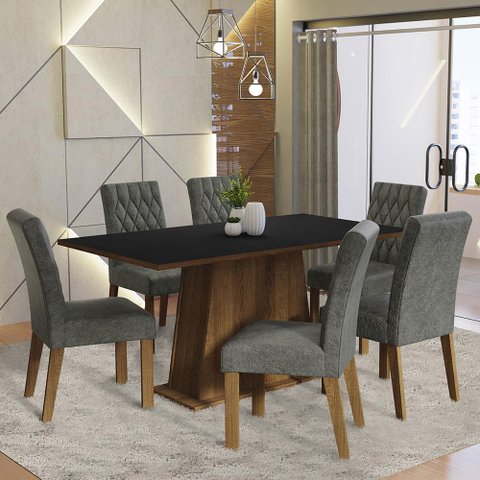 Conjunto Sala de Jantar Mesa Tampo de Madeira 6 Cadeiras Rustic/preto/silver Britney Madesa