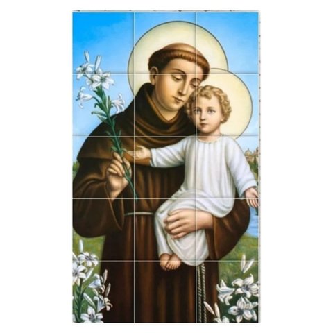 Quadro Santo Antônio com Menino Jesus e Lírios 100x80 em Azulejos