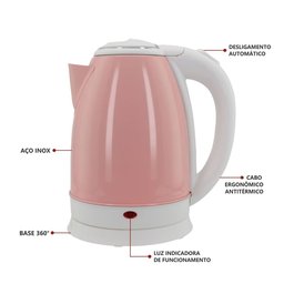 Chaleira Elétrica 1,8l em Inox Rosa 127v 1000w Rápida Fervura - 2