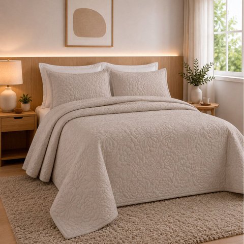 Colcha Matelassê - Casal - Madri 3D - Floral - Bege - Dupla Face - c/ Porta Travesseiros - Rozac