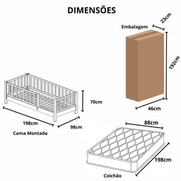 Cama Infantil Solteirão Base Colorida Madeira Maciça Pinus Grade Vertical - 2