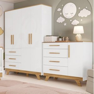 Quarto Infantil com Guarda Roupa 4 Portas e Cômoda 1 Porta 100% MDF Kakau Retrô Espresso Móveis