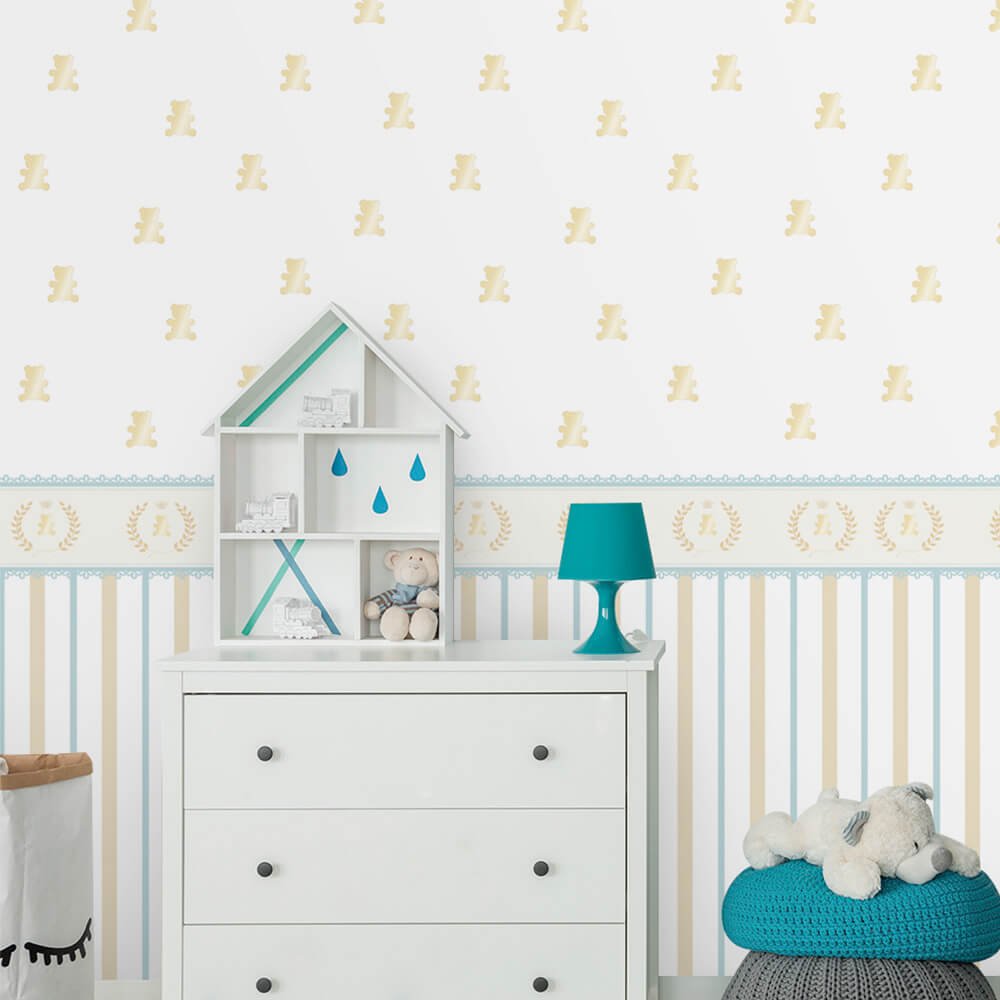 Papel de Parede Infantil Listras e Faixa Dourado Arte Destaque 3 Metros