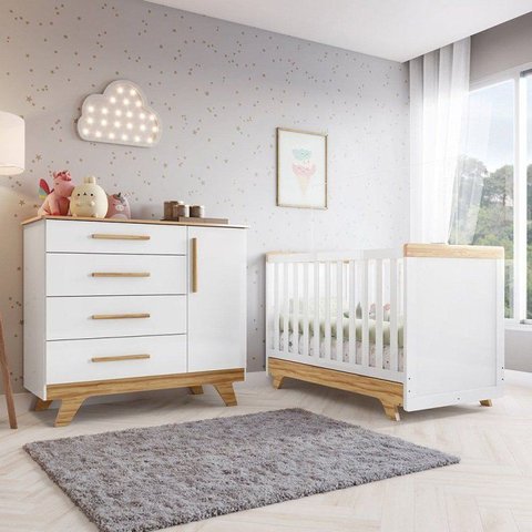 Quarto de Bebê com Berço 2 em 1 e Cômoda 1 Porta 100% MDF Jolie Retrô Yescasa Branco/Amêndoa
