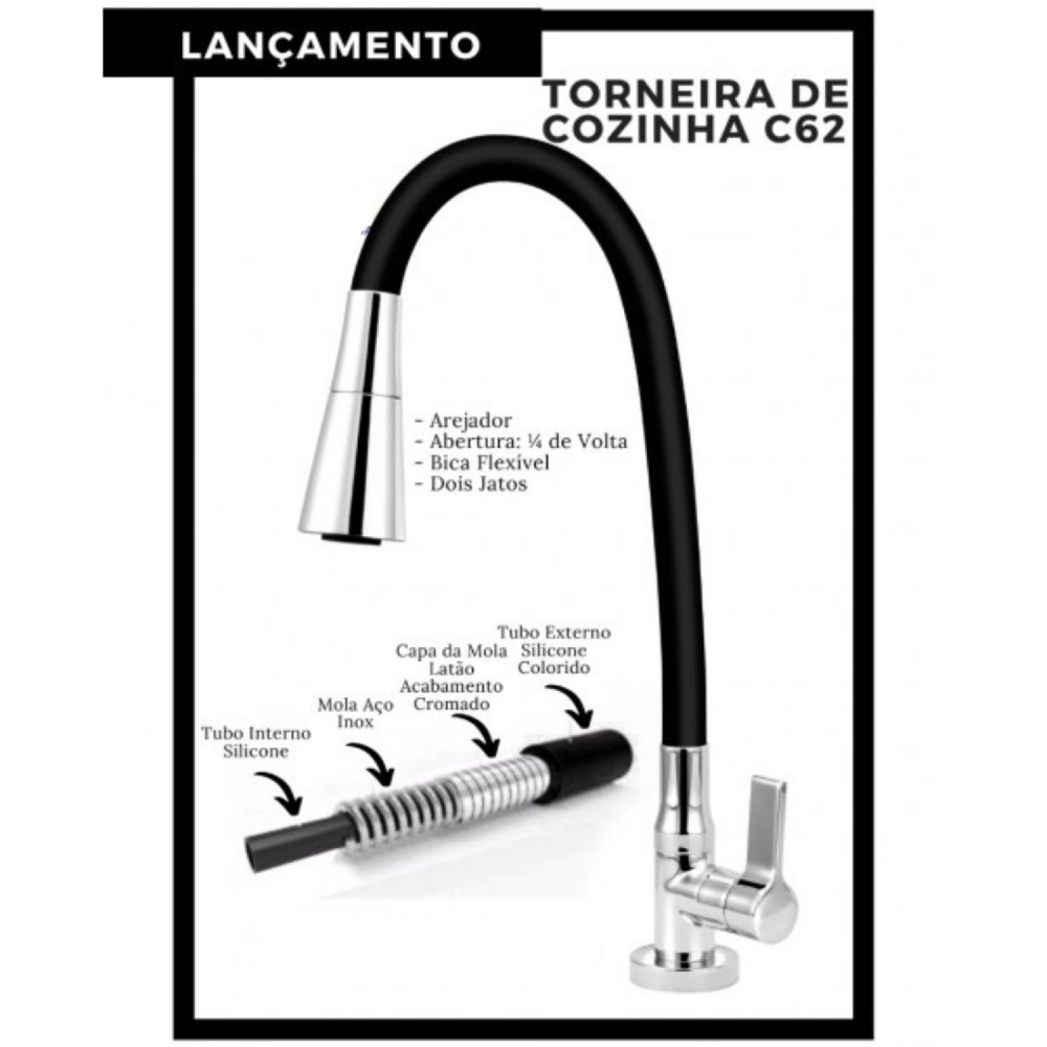 Torneira Cozinha Mesa Bica Articulada com Ducha Clean C62 - 2