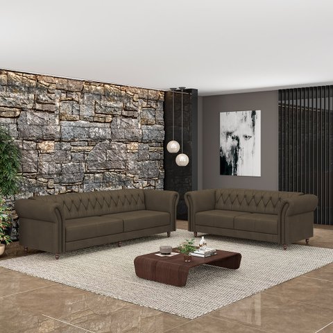 Conjunto de Sofá Sala de Estar Stanford Chesterfield 2 e 3 Lugares 200cm/240cm Pés Madeira Couro Cap