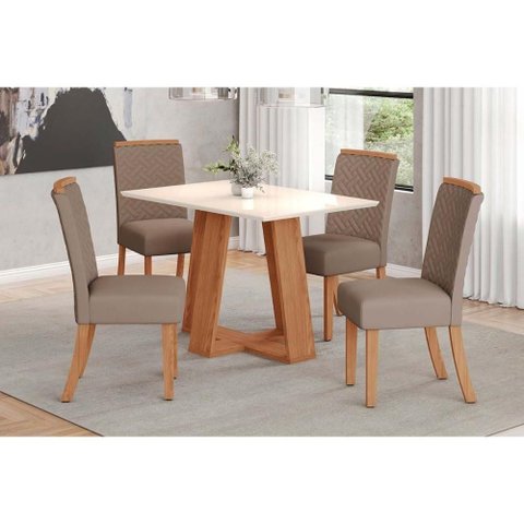 Conjunto: Mesa de Cozinha Lins C/ Tampo Reto Madeirado 120x80cm e 4 Cadeiras Malu Nature/suede Light