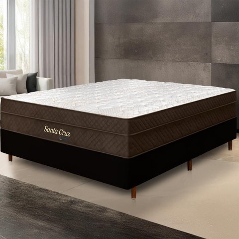 Cama Box Preta + Colchão Casal Santa Cruz Marrom Molas Ensacadas Euro Pillow 138x188x72cm